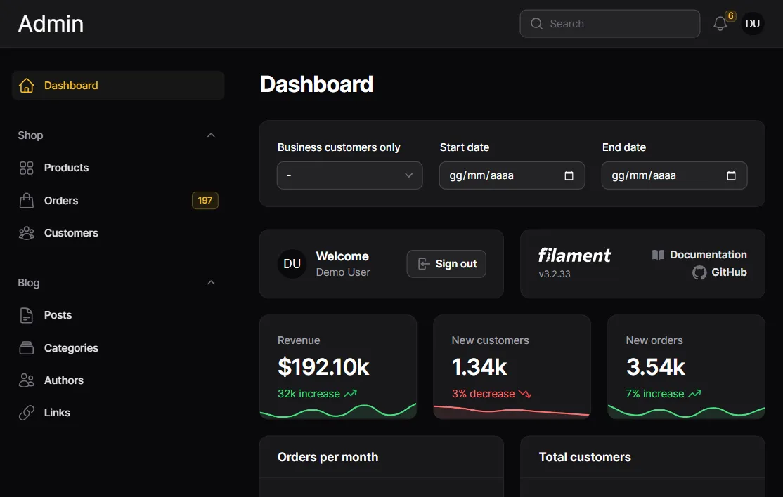 Filament CMS Demo | Pannello di controllo CMS personalizzato